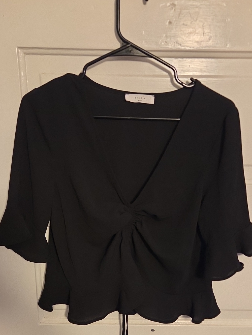 Elodie Black Twist-Front V-Neck Blouse with Ruffle Sleeves